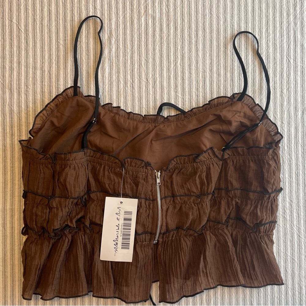 12th Tribe Brown Plisse Ruffle Cami Top XL - Smocked Cropped Bodice‎ Zipper #685 - Picture 6 of 8